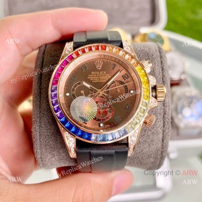 Replica Rolex Daytona Rubber Strap Chocolate Dial Rainbow Bezel 40mm